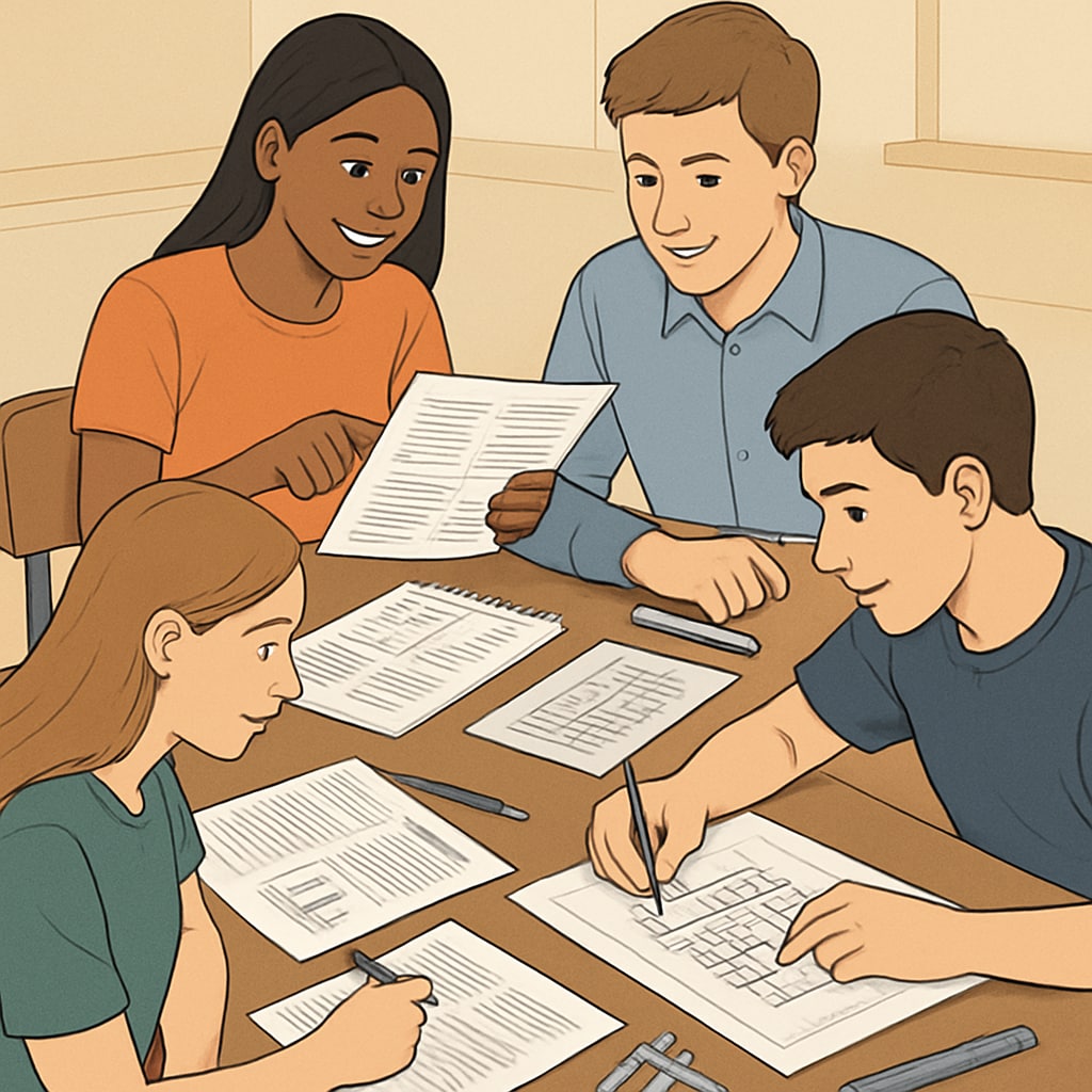 A group of high school students working on a collaborative project that combines academic research and technical design. The image highlights teamwork and interdisciplinary learning. High school students collaborating on a project that merges CTE and academic concepts.