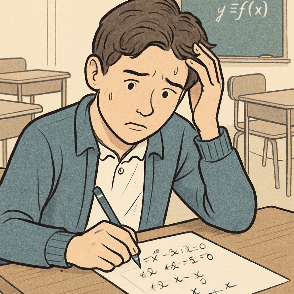 A high school student sitting at a desk, looking anxious while solving math problems on paper. Student experiencing math anxiety while solving problems.