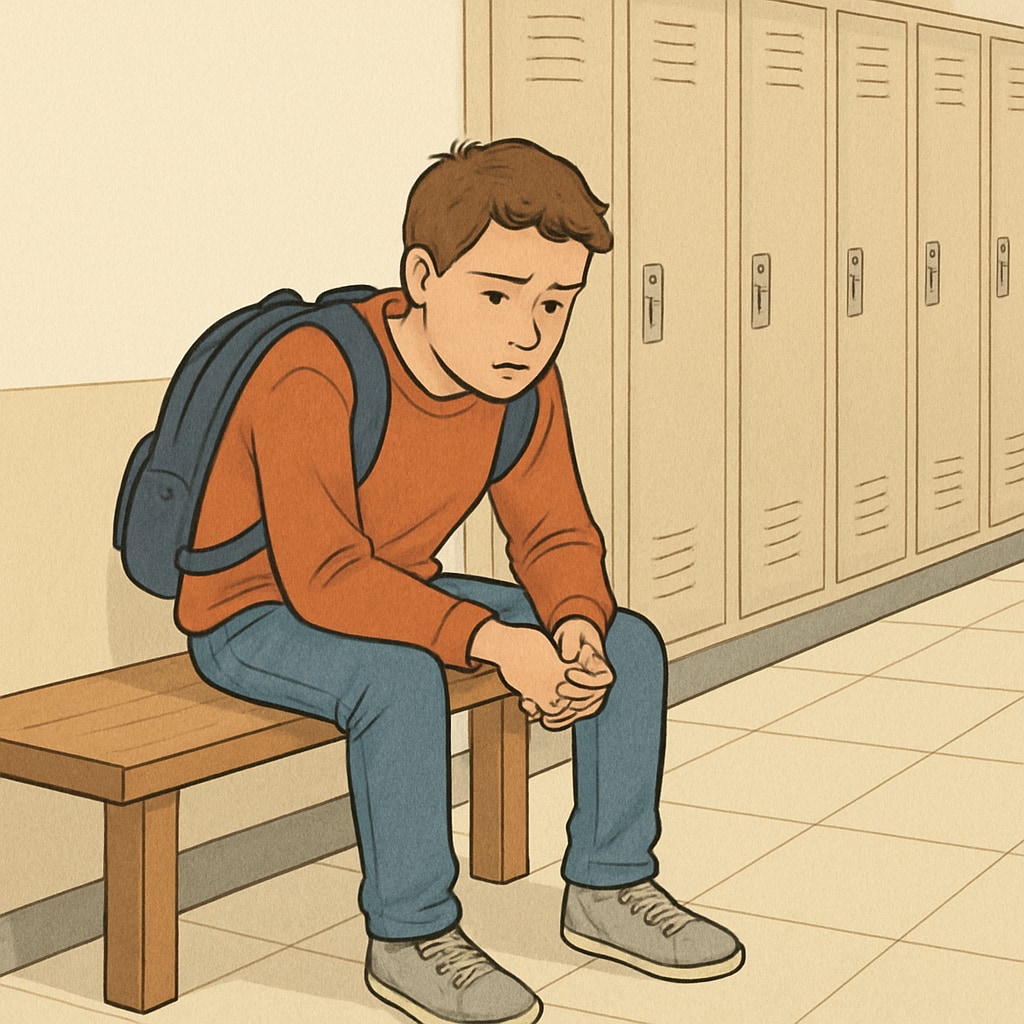 A student sitting alone in a school hallway, appearing frustrated or disengaged. A disengaged student sitting in a hallway illustrating consequences of boredom.