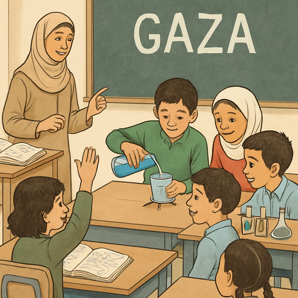 A classroom in Gaza with children engaging in a science experiment, emphasizing curriculum development and educational rebuilding. Gaza classroom with science experiment showcasing curriculum planning.