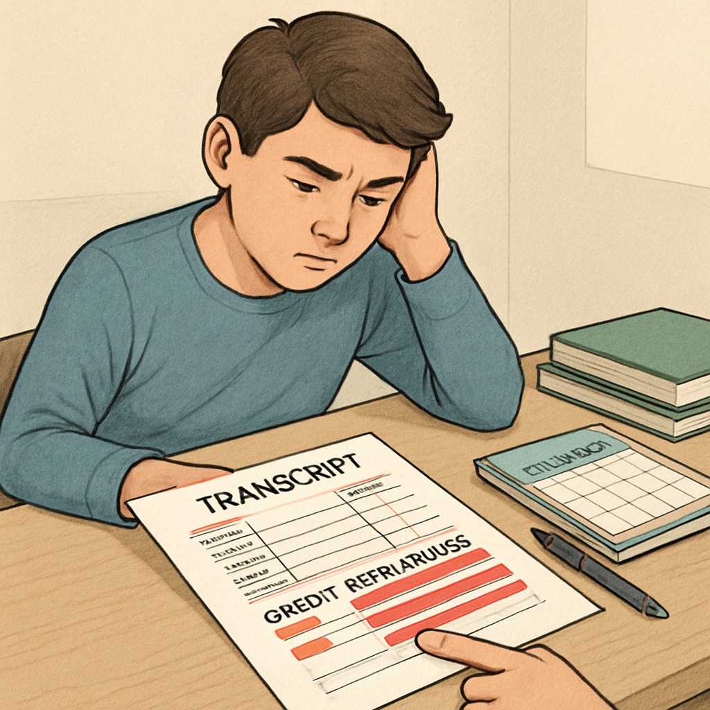 A student reviewing their high school transcript, highlighting credit deficiencies, and planning their recovery strategy. High school credit deficiency planning