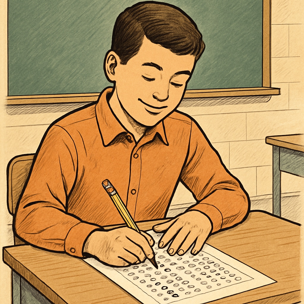 A student confidently marking answers on a multiple-choice exam sheet. Student solving multiple-choice math questions with confidence.