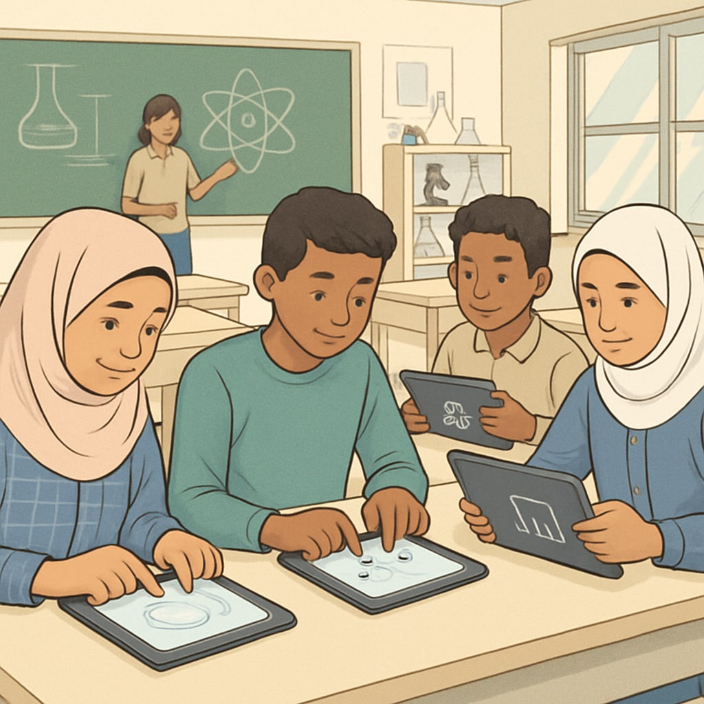 Students in Gaza using tablets for interactive learning in a science class, highlighting innovative educational strategies. Gaza students using tablets for science learning in modern curriculum.