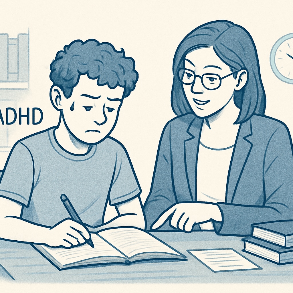 A student with ADHD working with a tutor to improve focus and academic performance. ADHD student tutoring session for credit recovery