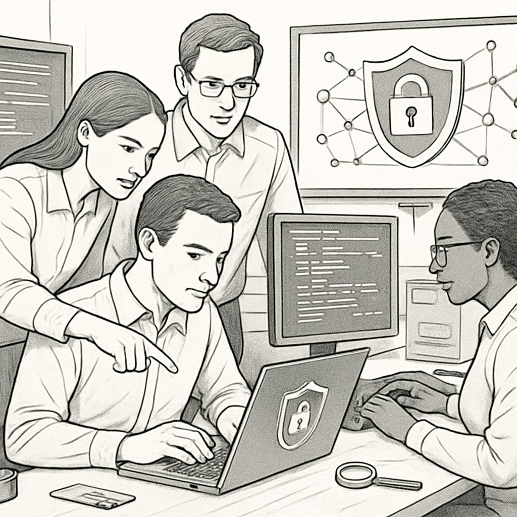 A professional image showing cybersecurity experts working on a complex system, emphasizing collaboration and hands-on expertise. Cybersecurity experts working on a system, highlighting skills over university reputation