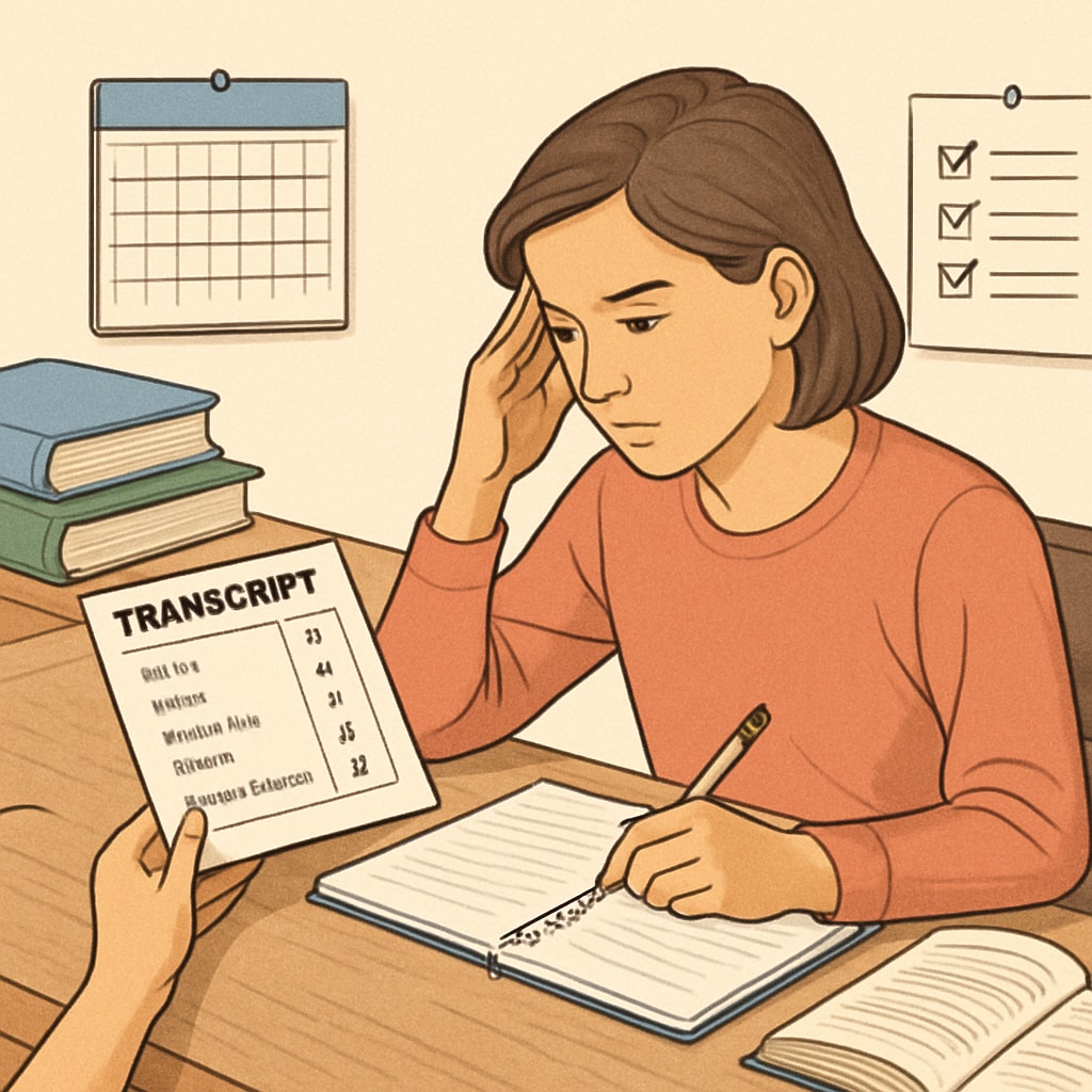 A student reviewing their transcript and creating a plan to catch up on high school credits. Student planning to recover high school credits by reviewing their transcript.