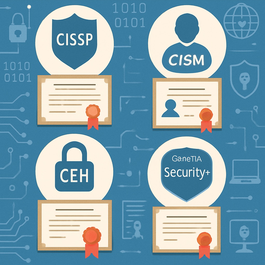 A conceptual image of cybersecurity certifications displayed against a digital background, symbolizing their importance in career development. Cybersecurity certifications displayed digitally, showcasing their role in career success