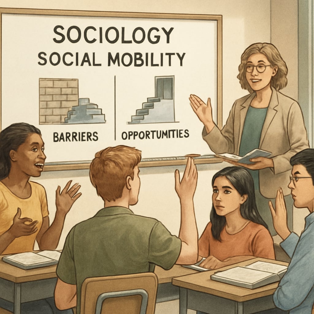 A classroom discussion showing students engaging with a sociology lesson on social mobility, emphasizing both barriers and opportunities. Students in a classroom learning about social mobility, discussing both challenges and opportunities.