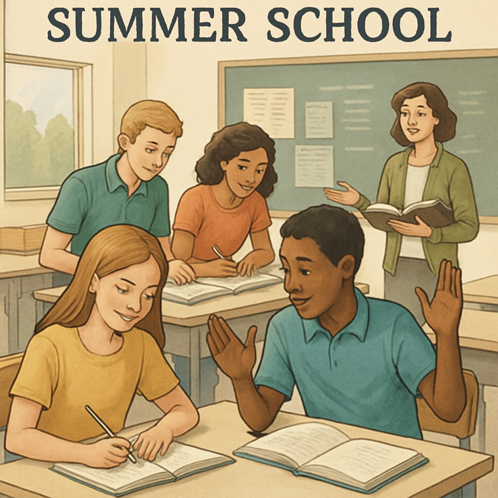 Students participating in a summer school class to recover high school credits. High school students earning credits in a summer school program.