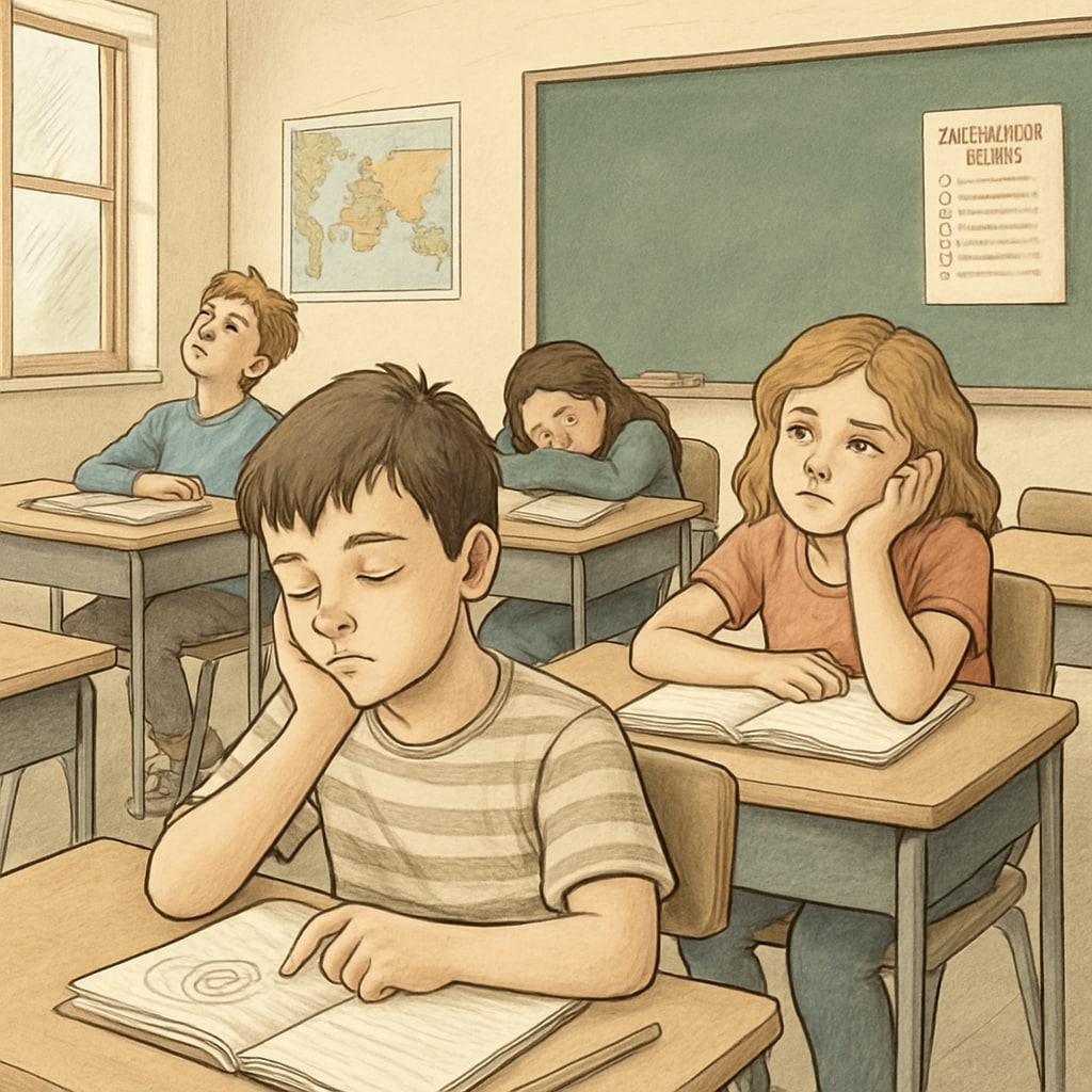 A classroom with disengaged students, showing signs of boredom such as doodling or staring into space. Students experiencing boredom in a classroom setting.