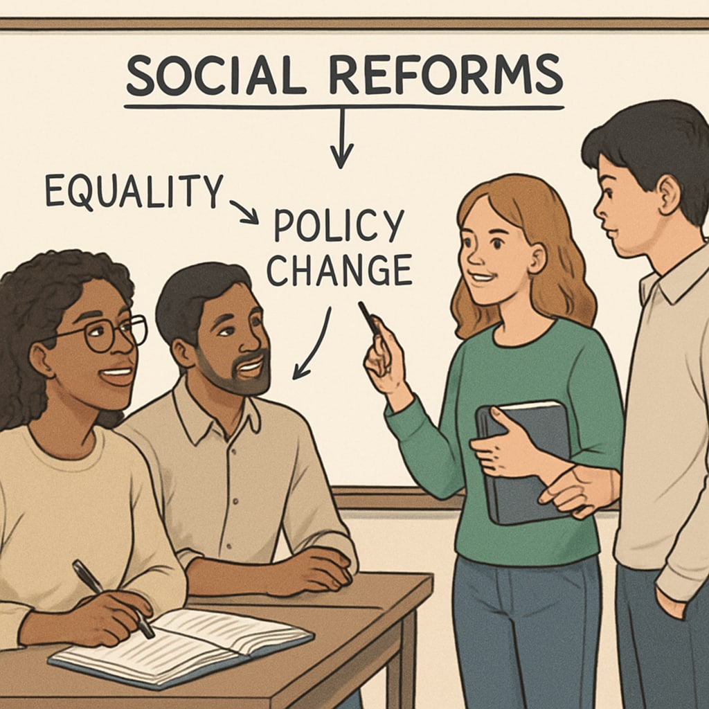 A diverse group of students brainstorming ideas for social reforms on a whiteboard, symbolizing critical thinking in sociology education. Students brainstorming social reform ideas, emphasizing critical thinking in sociology.