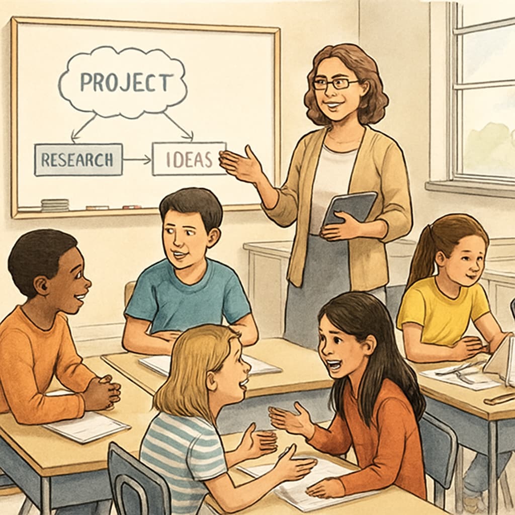 A teacher experimenting with innovative teaching methods, such as group discussions or interactive projects, with students actively engaged. A teacher using creative methods to engage students in learning.