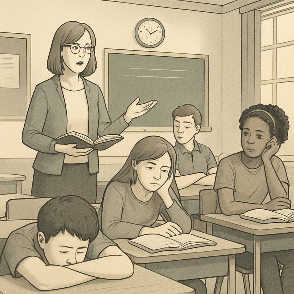 A classroom setting where students appear disengaged, including one student visibly resting their head on the desk. Students looking bored in a classroom environment, illustrating disengagement.