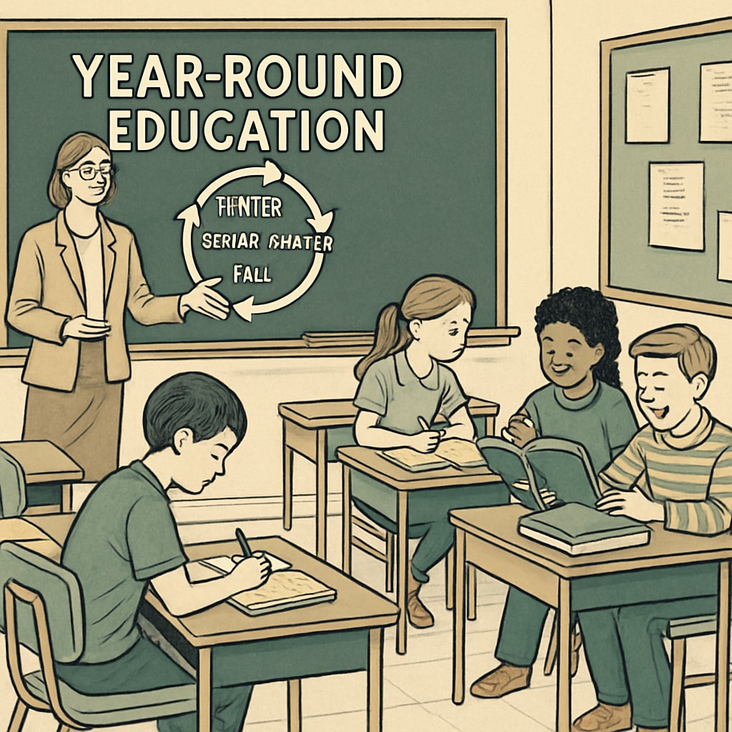 A classroom setting illustrating year-round education with students actively engaged in learning. Year-Round Education Classroom with Students Actively Learning