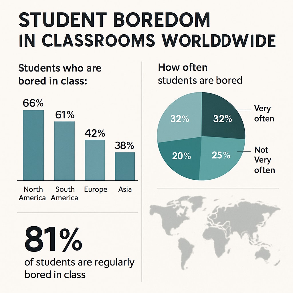 A graphic displaying survey statistics on student boredom in classrooms worldwide, highlighting the prevalence of the issue. Global survey statistics on student boredom in K12 classrooms.