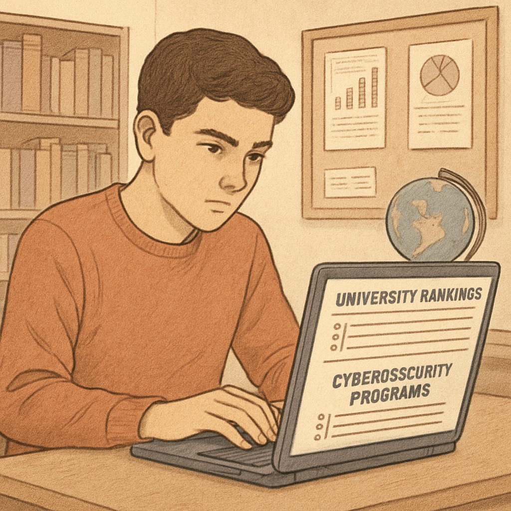A student reviewing university rankings and cybersecurity programs on a laptop, indicating the importance of choosing the right educational path. Student analyzing university rankings for network security education.