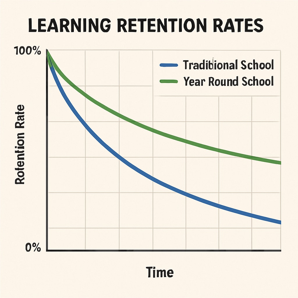 A graph showing learning retention rates over time comparing traditional and year-round school systems. Graph Comparing Learning Retention Rates in Year-Round vs Traditional Schools