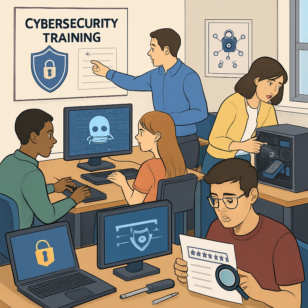 A classroom setting where students are actively engaged in cybersecurity training, demonstrating hands-on skill-building. Classroom with students practicing network security protocols.