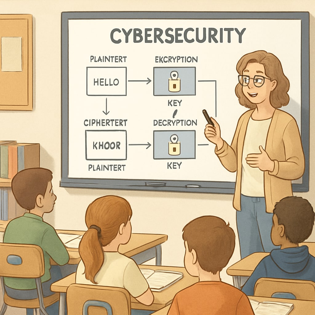 A classroom setting where students are learning about cybersecurity, with a teacher demonstrating encryption concepts on a smartboard. Students learning cybersecurity in a classroom with a teacher explaining encryption.