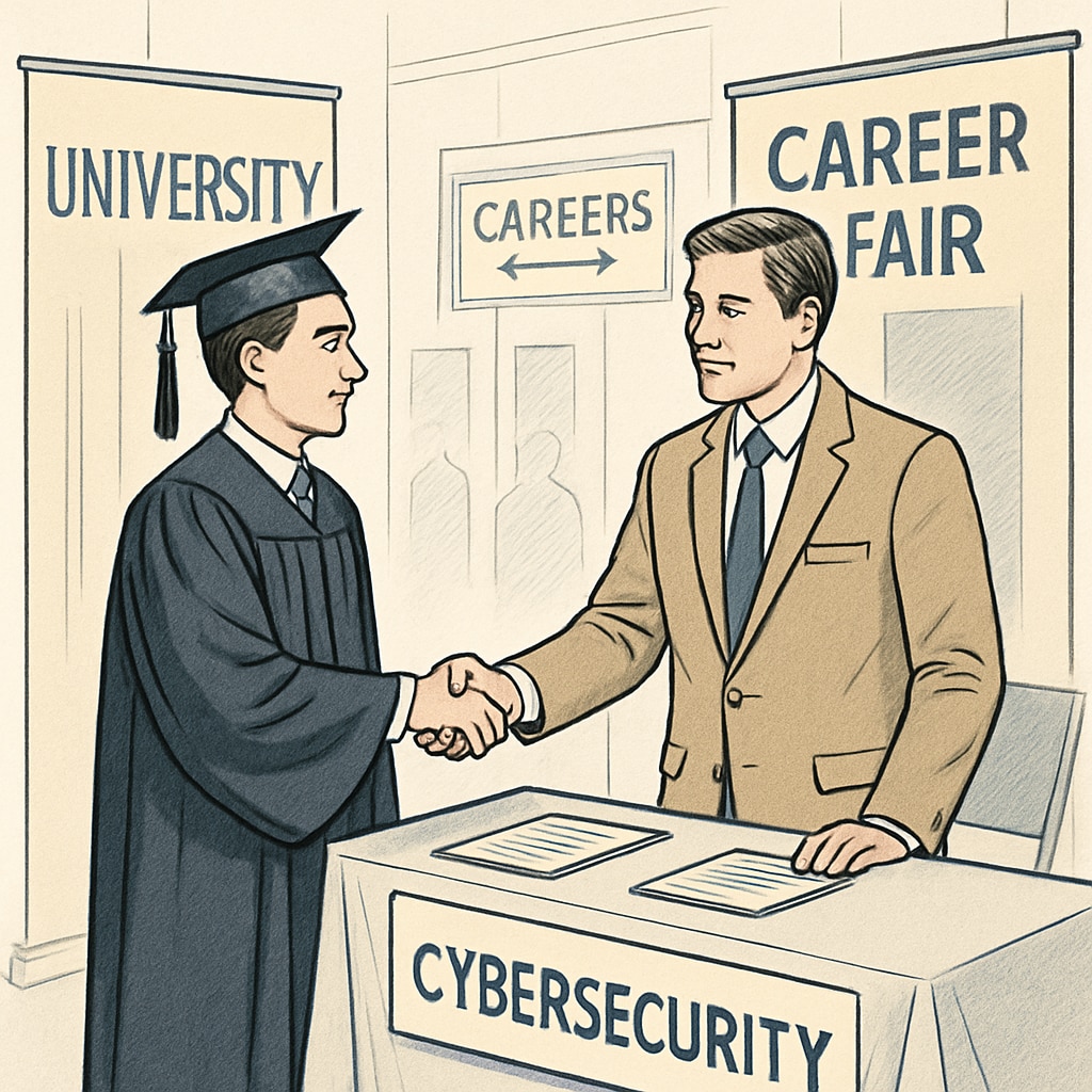 A graduate shaking hands with an employer during a career fair, symbolizing the impact of university reputation on job opportunities in cybersecurity. Graduate shaking hands with an employer, representing how university reputation influences cybersecurity careers.
