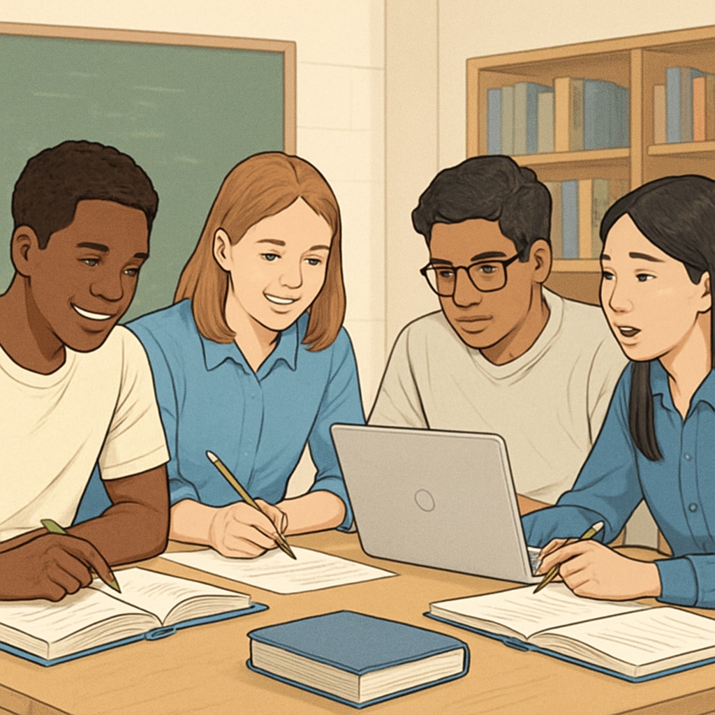 A group of diverse students engaged in a collaborative project in a classroom setting, illustrating project-based learning. Students working together on a project, representing dynamic learning assessment systems in education.