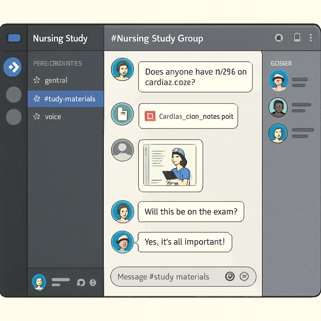 A Discord interface showing a nursing study group chat with shared resources and discussions. A Discord interface for nursing education with study group chats.