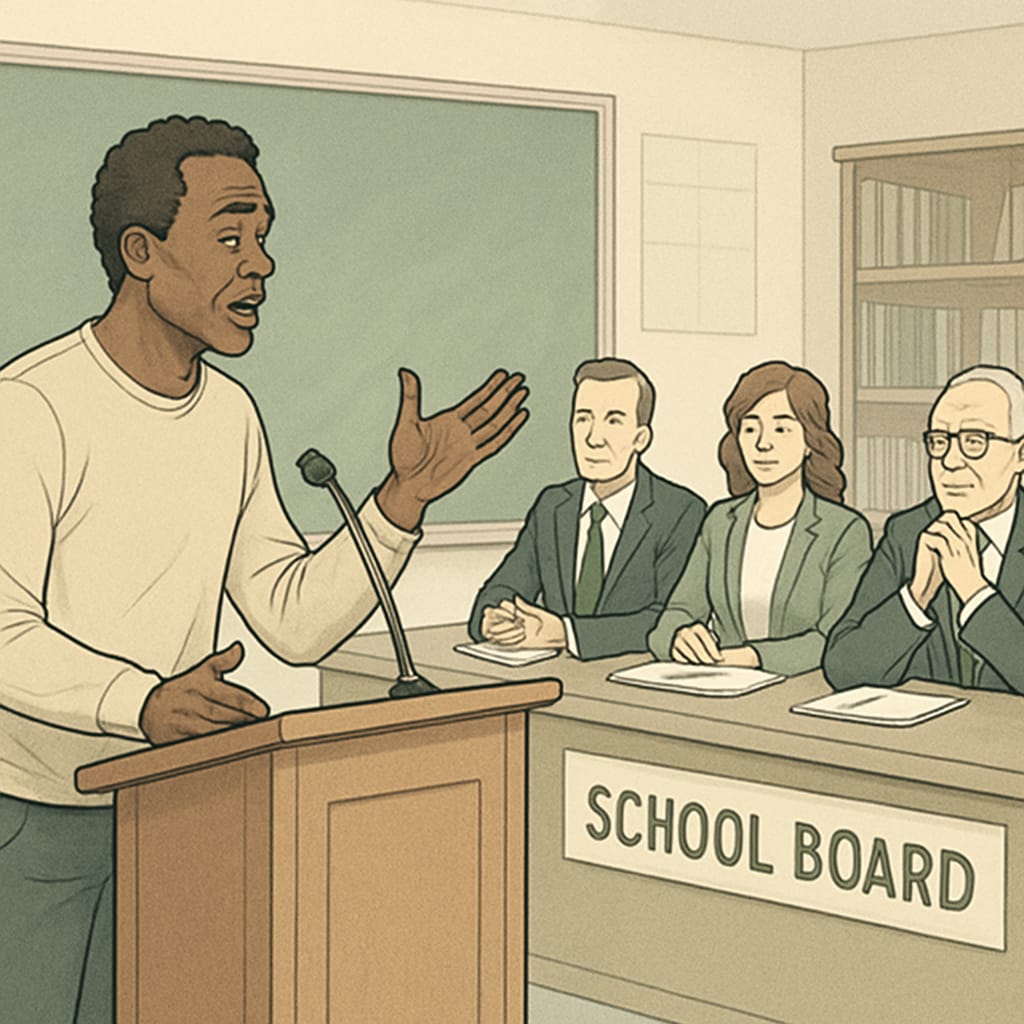 A concerned parent speaking at a school board meeting, advocating for ethical leadership. Parent advocating for ethical leadership in school board discussions.