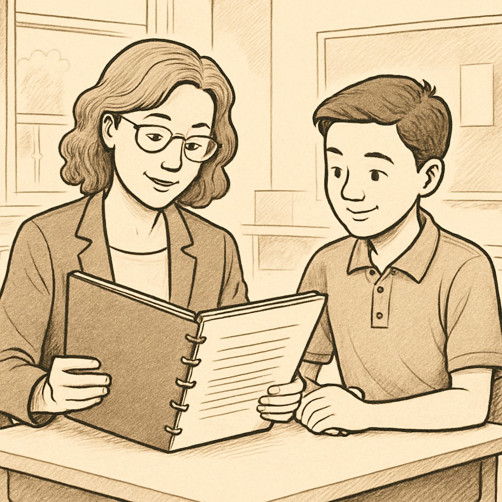 A teacher reviewing a student portfolio with the student in a well-lit classroom, emphasizing portfolio-based assessments. Teacher and student discussing a portfolio as an alternative learning assessment tool.