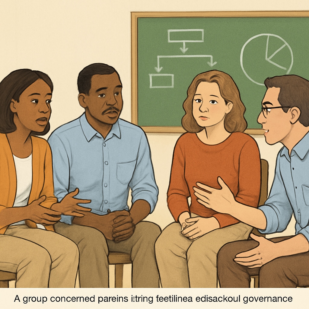 A concerned group of parents at a community meeting discussing school governance. Parents discussing concerns about a school board member’s past at a community meeting.