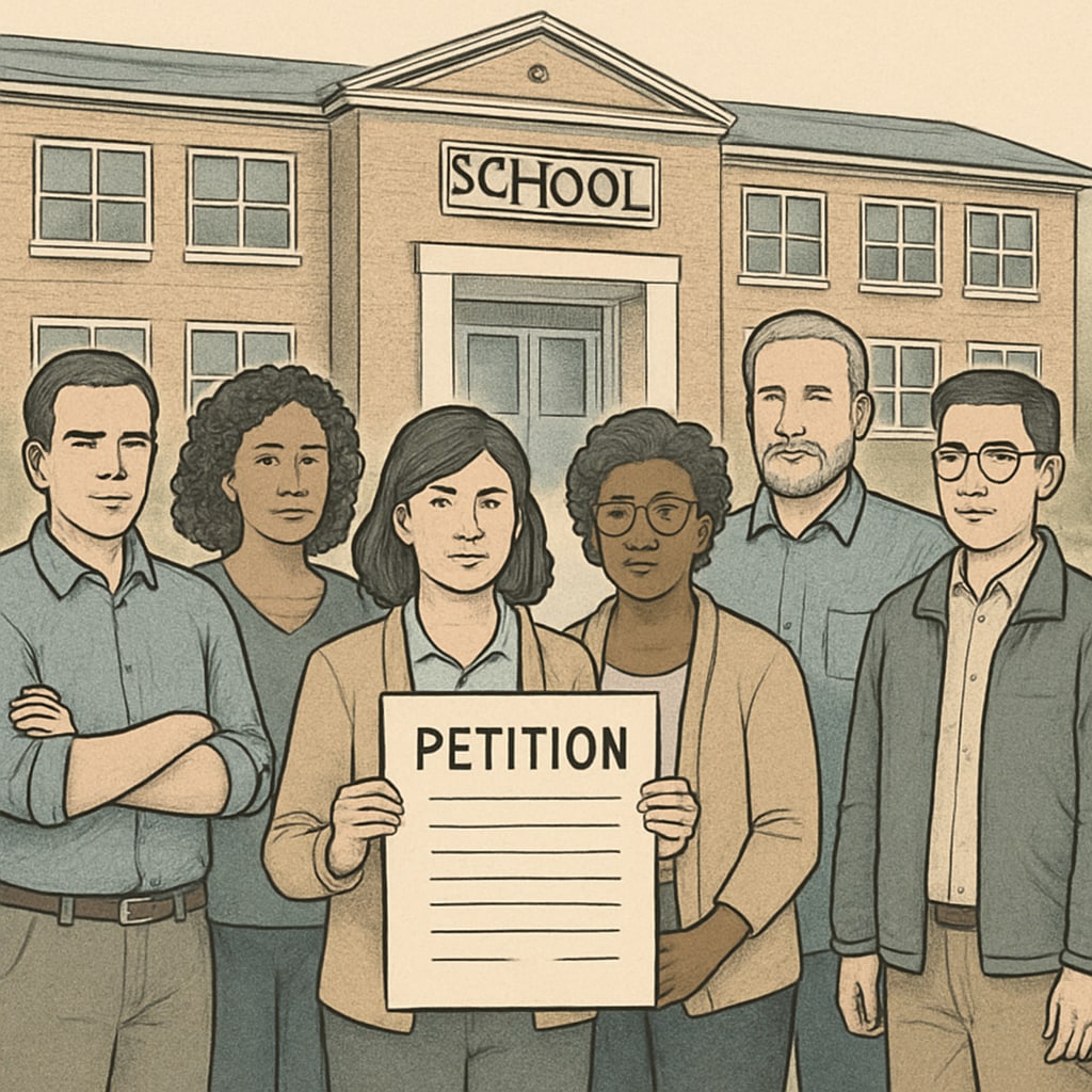 A group of parents and educators holding a petition in front of a school building, advocating for ethical reform. Parents and educators with a petition for ethical school board reform.