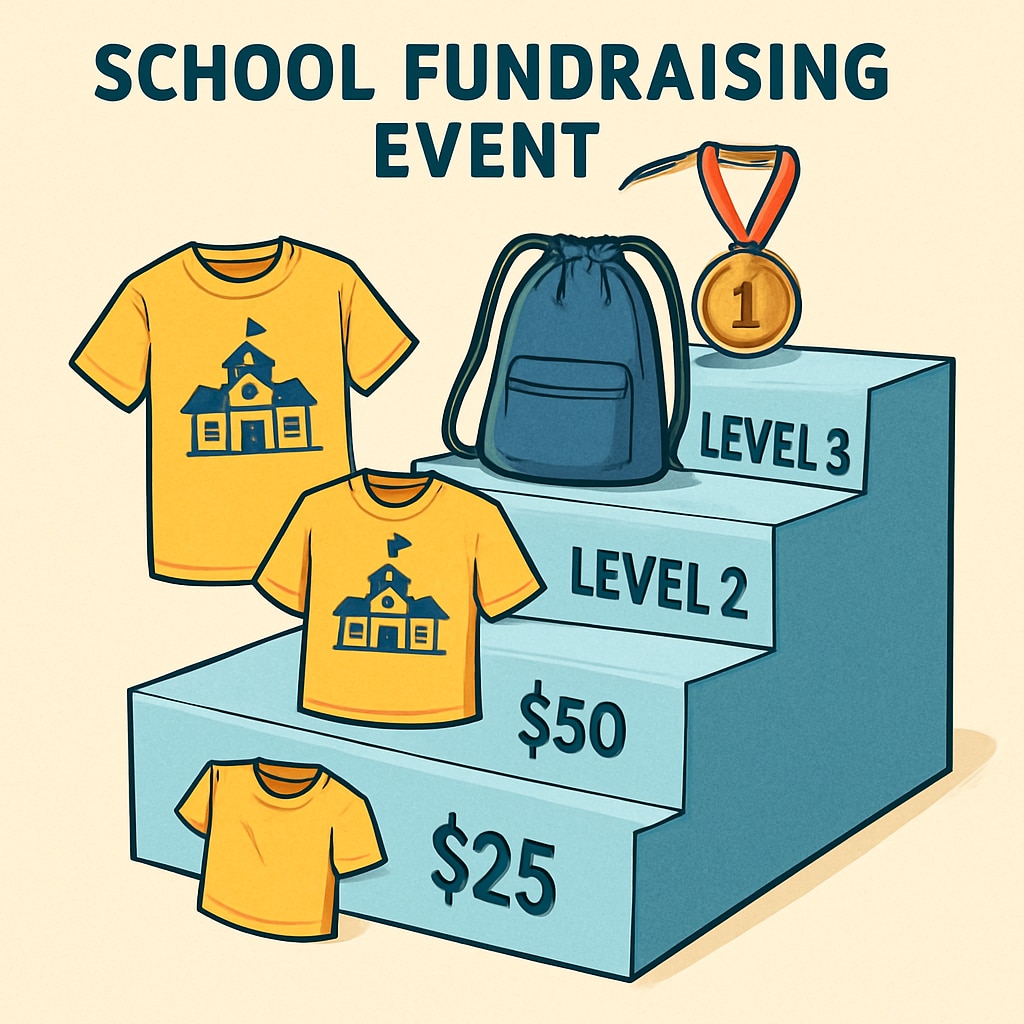 A school fundraising event showcasing tiered rewards for donors at varying levels, illustrating the concept of tiered donations. School fundraising event with tiered donation rewards highlighting inequality.