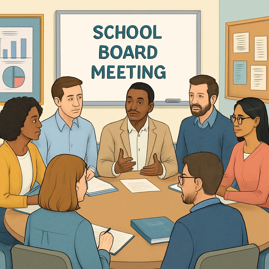 A school board meeting room with parents and educators discussing governance issues. Community members addressing concerns about school governance in a board meeting.