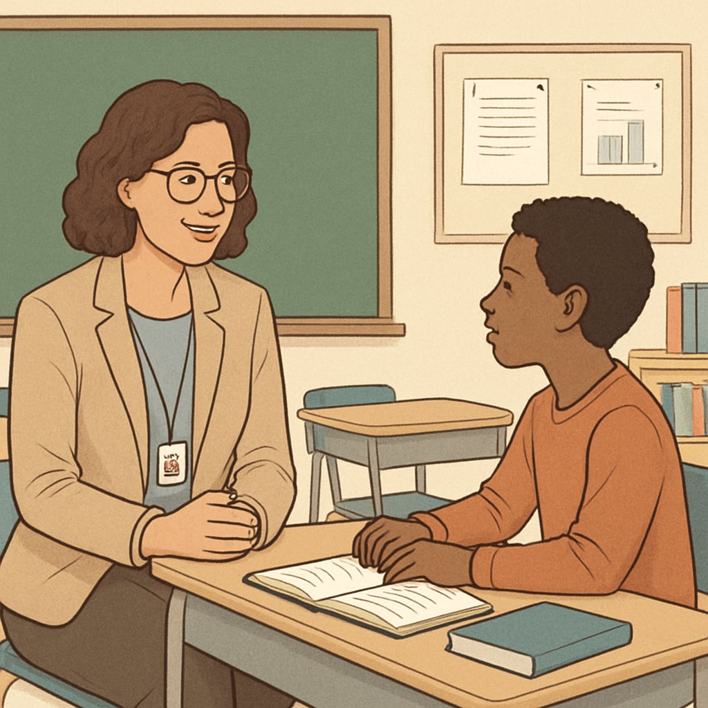 School counselor working with a student in classroom environment