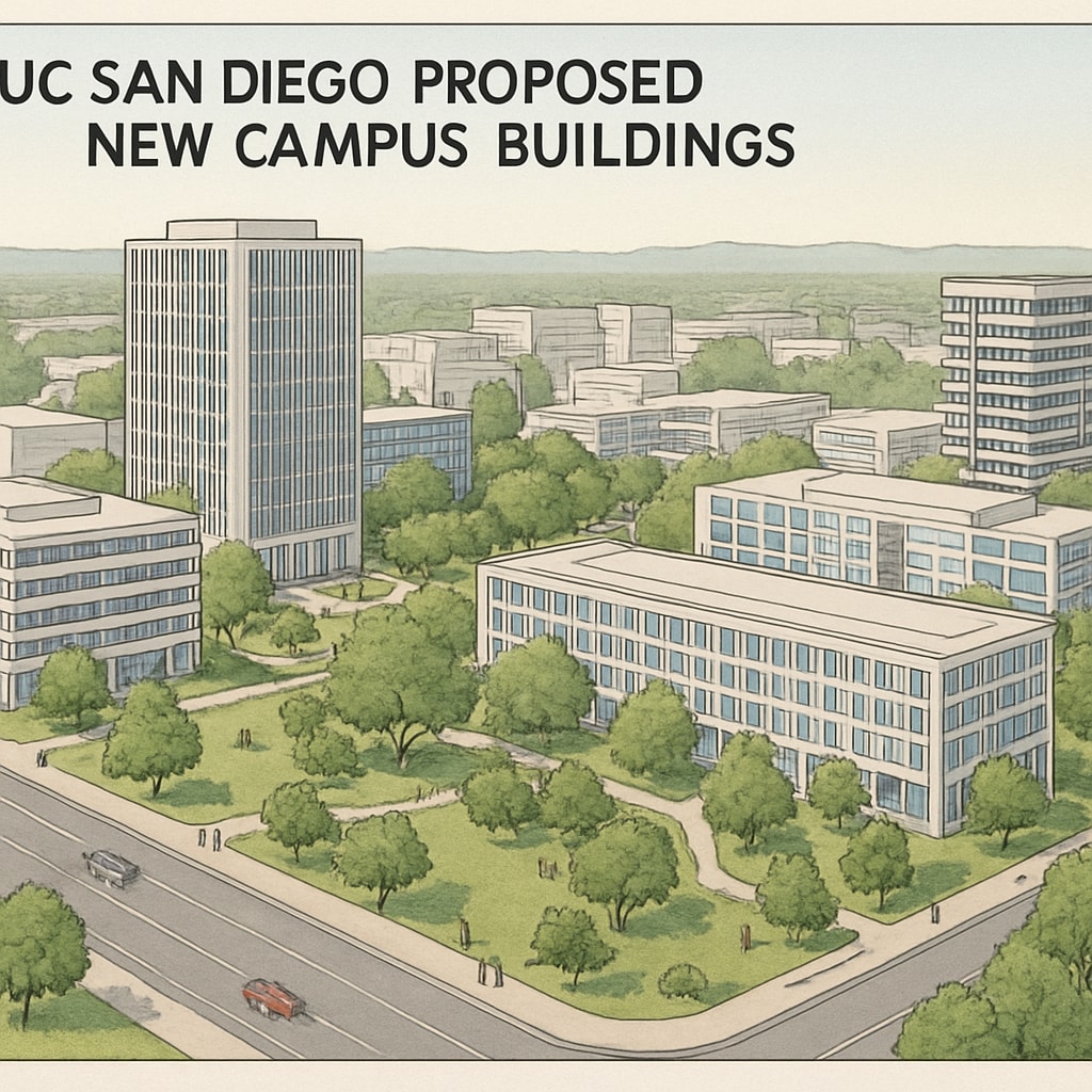A rendering of UC San Diego's proposed new campus buildings, reflecting its expansion plans. Rendering of UC San Diego campus expansion with new academic and residential facilities.