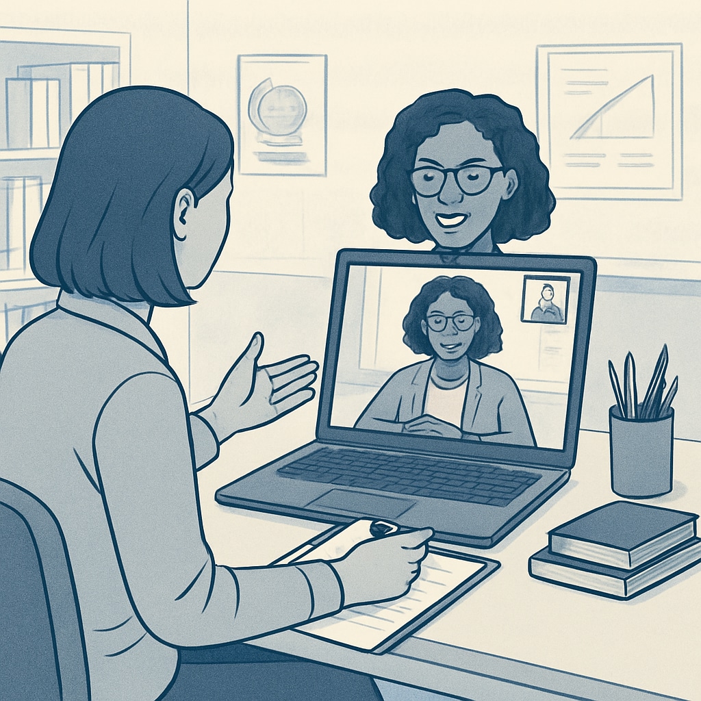 Researcher interviewing a school counselor over video call