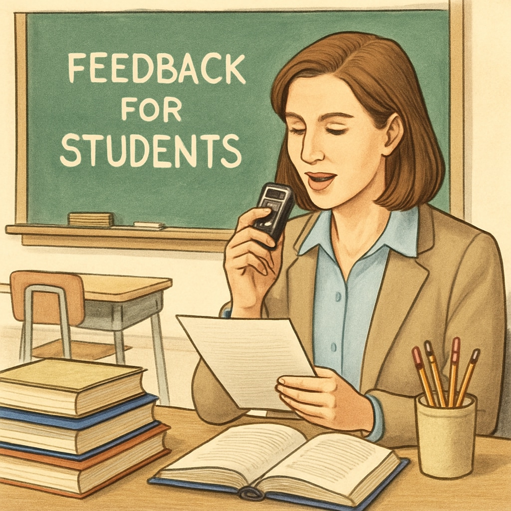 A teacher using a voice-to-text device to dictate student feedback in a classroom setting. Teacher using voice-to-text for student feedback in classroom.