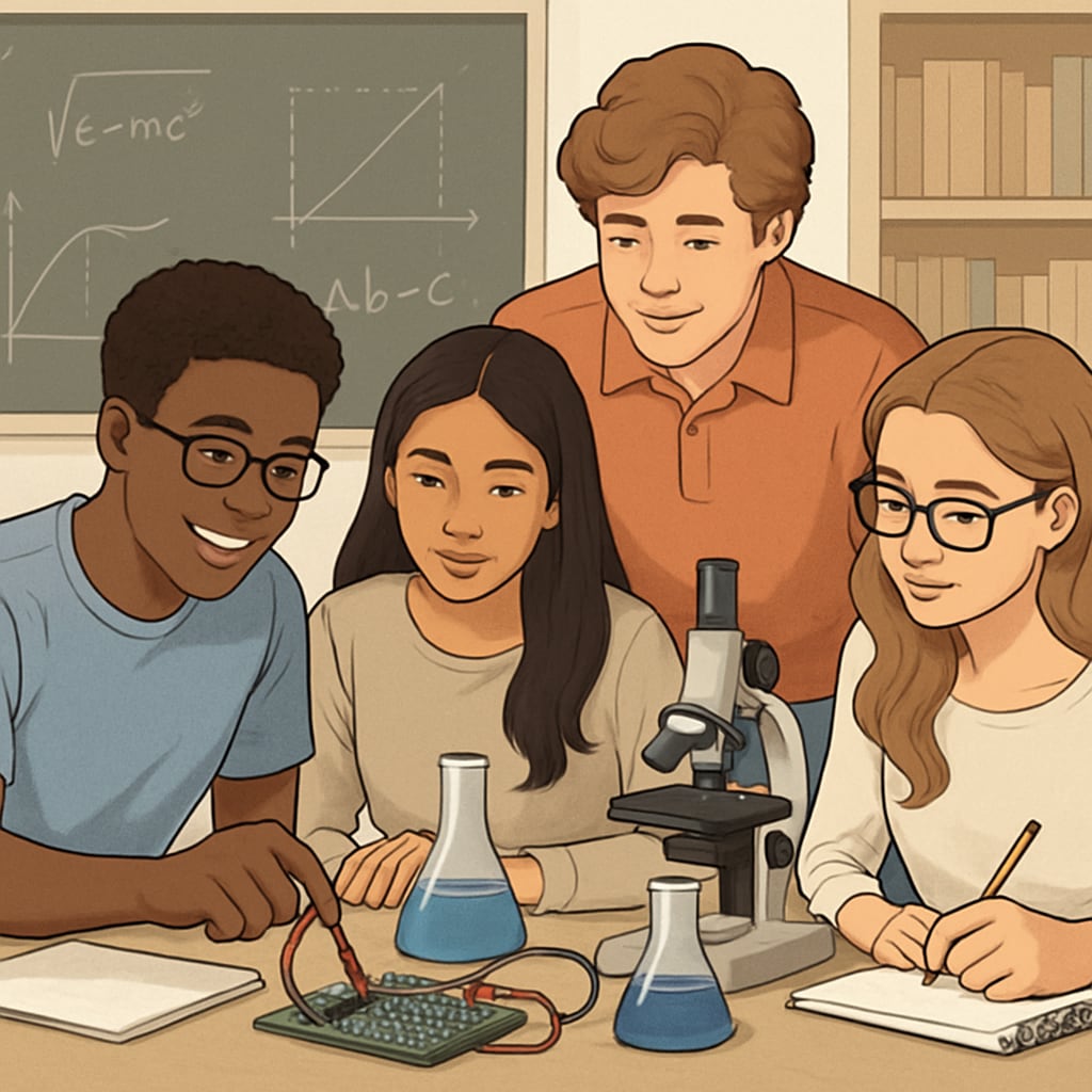 A diverse group of high school students engaged in a STEM lab project, representing the increased emphasis on college readiness. High school students working on STEM projects as part of college readiness initiatives influenced by UC San Diego's expansion.