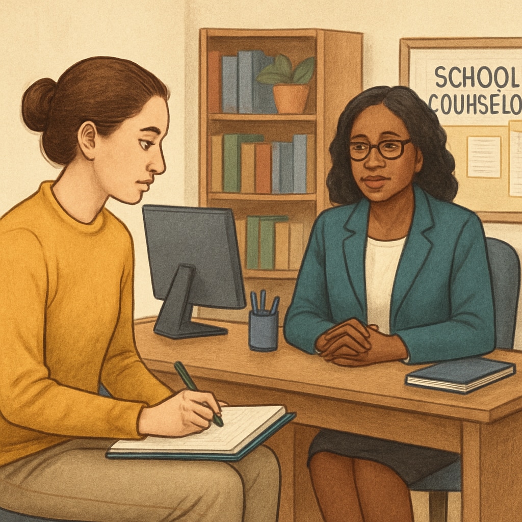 A graduate student taking notes during an interview with a school counselor in an office setting. Graduate student interviewing a school counselor in an office.