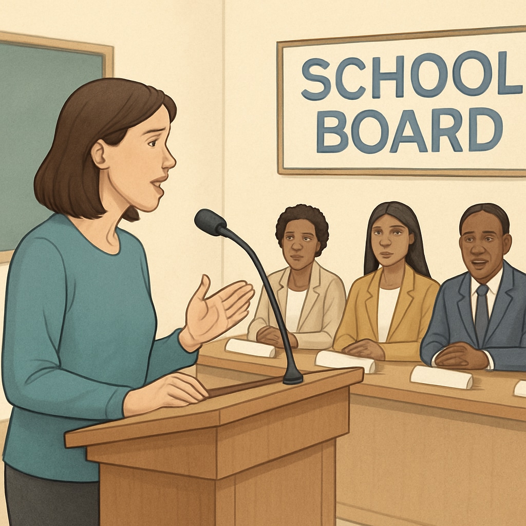 A concerned parent addressing a school board meeting about child safety concerns. Parent raising concerns about child safety at a school board meeting.