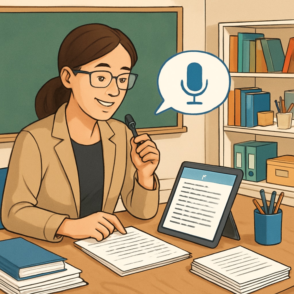 A classroom environment where voice-to-text technology is being used during a grading session. Classroom with voice-to-text technology during grading session.