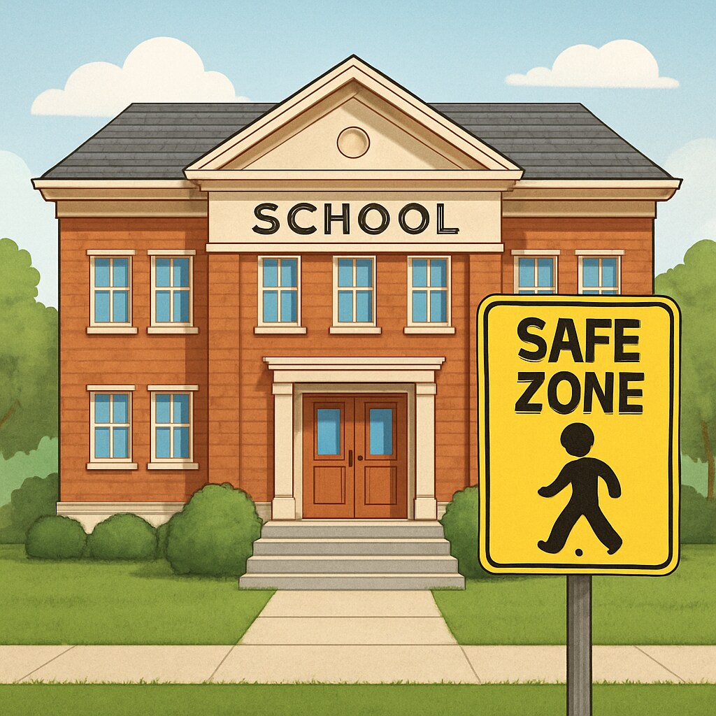 A school building with a School building with a sign indicating it is a safe zone for children.