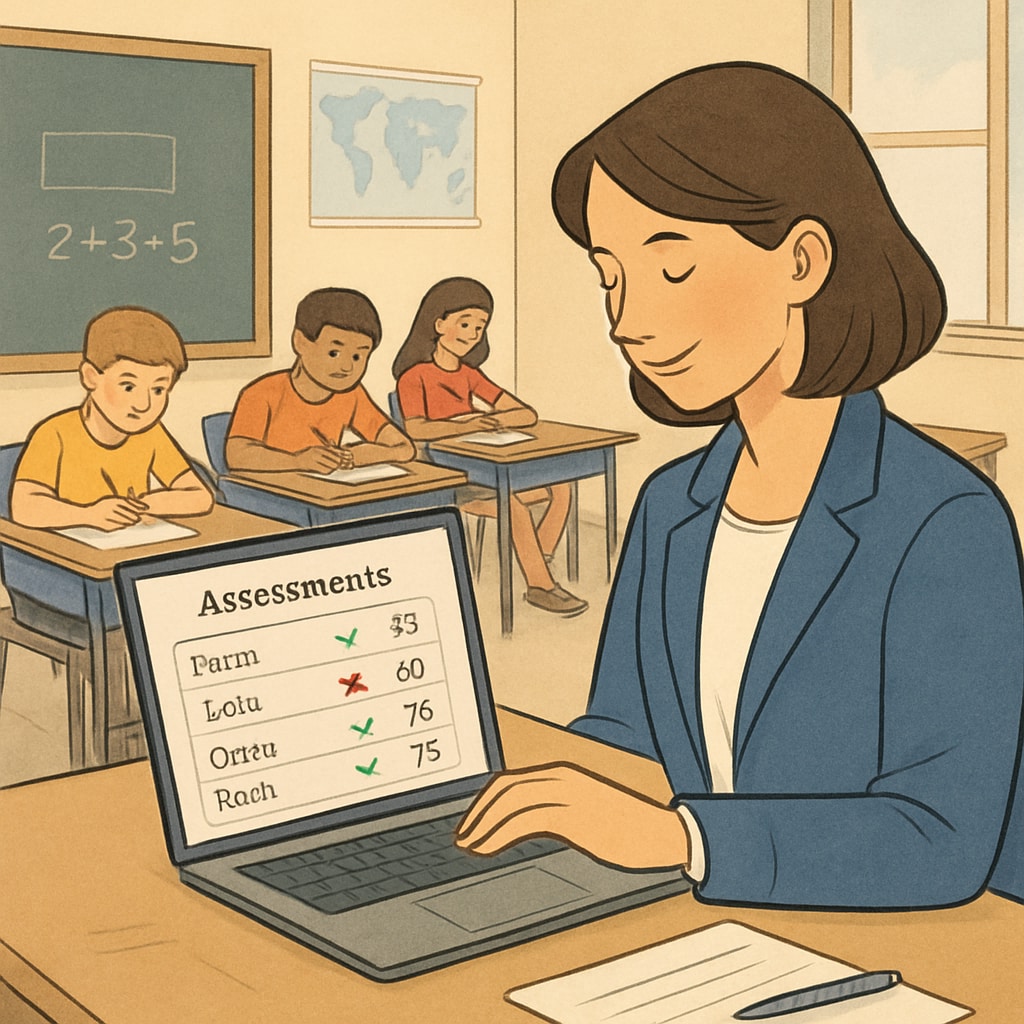 A classroom setting showing a teacher reviewing student assessments on a digital platform. Teacher reviewing student assessment resources on a digital platform in a classroom.