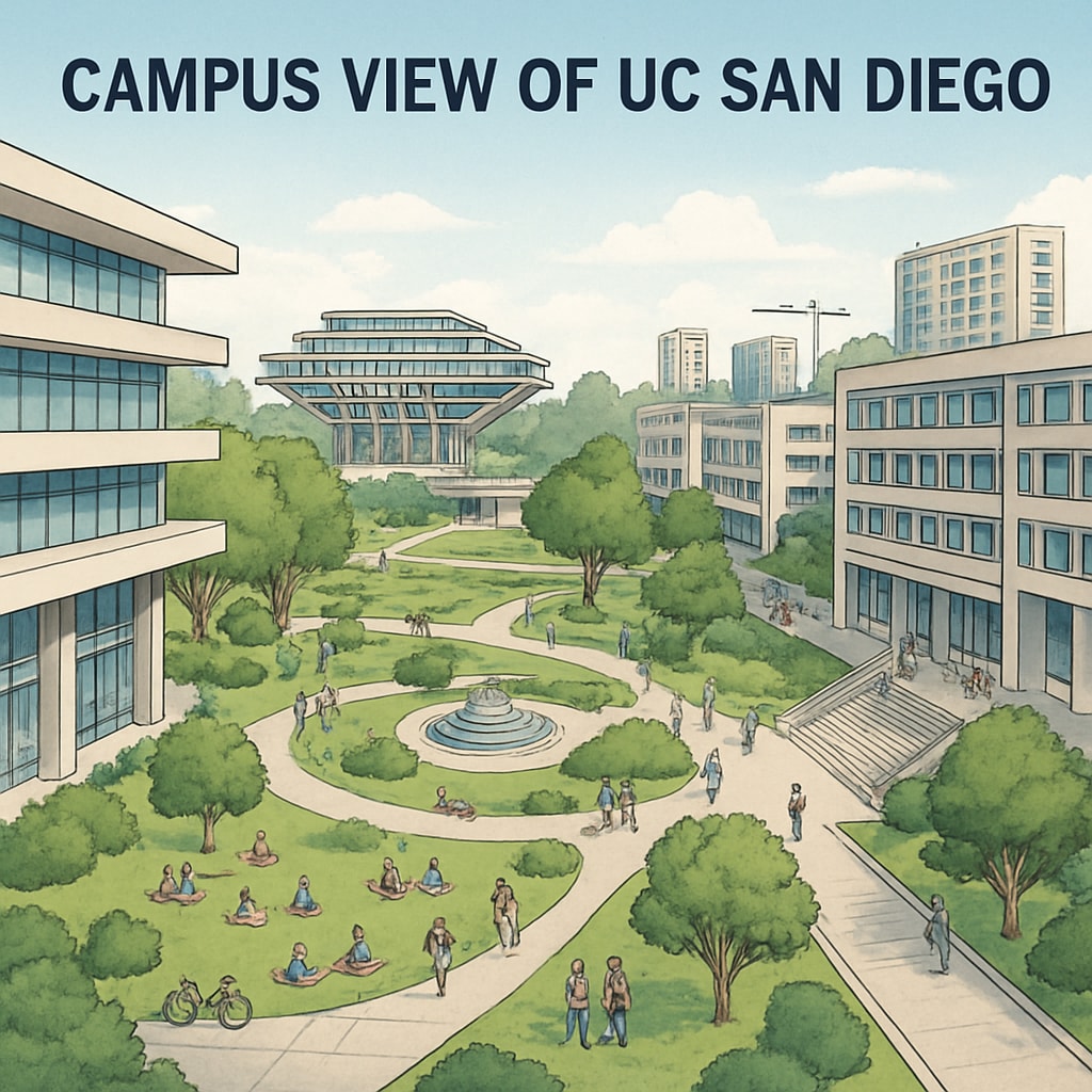 A campus view of UC San Diego showcasing its facilities and vibrant student activity areas, reflecting the scale of its expansion plans. UC San Diego campus facilities and student activities related to enrollment expansion.