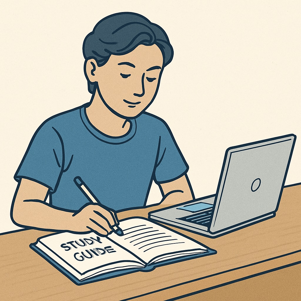 A student sitting at a desk with a study guide and laptop, appearing focused and calm. Student preparing for the OAE with study materials to reduce exam anxiety.