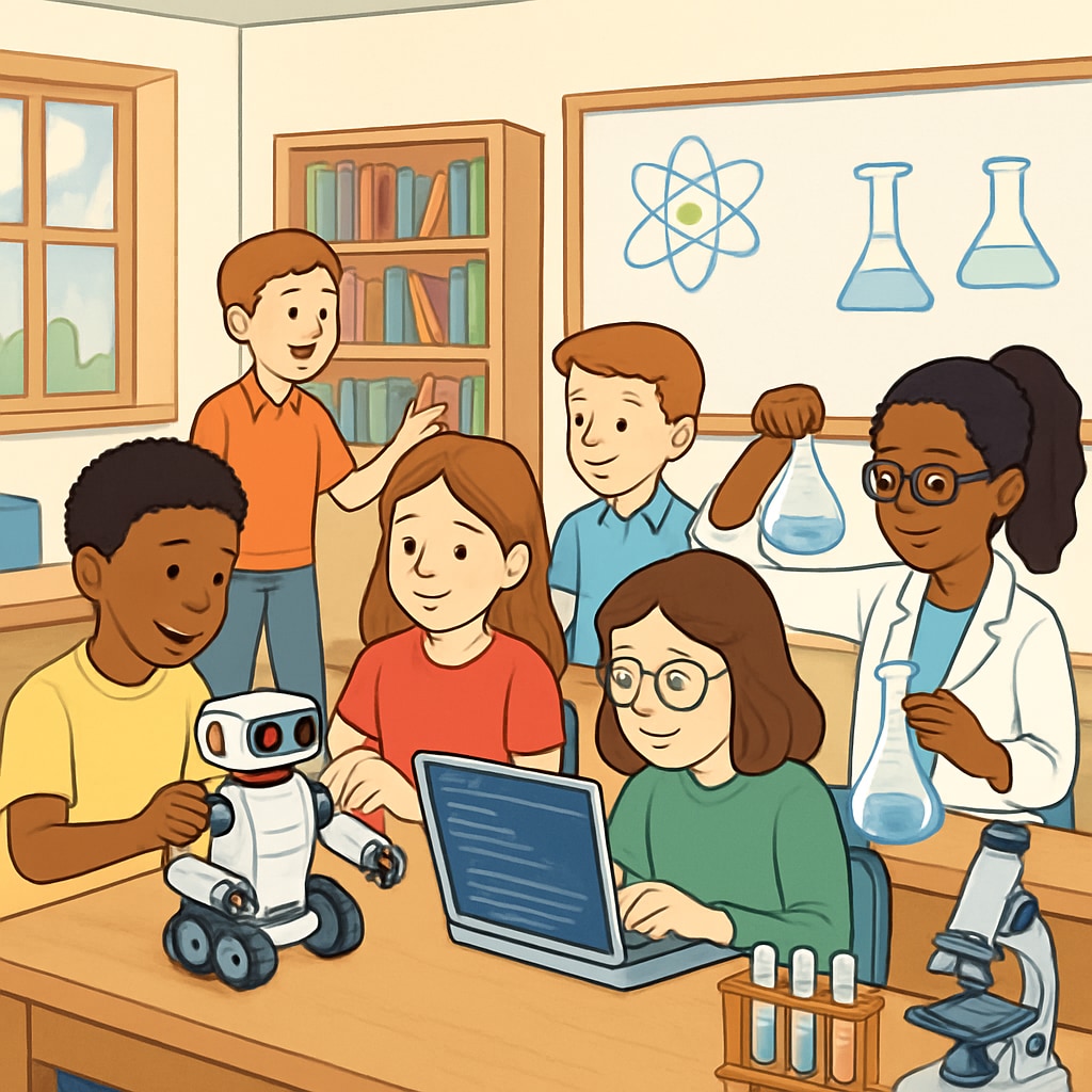 A classroom environment with K-12 students engaged in STEM activities, symbolizing educational preparation for higher education. K-12 students preparing for college through STEM-focused learning activities.