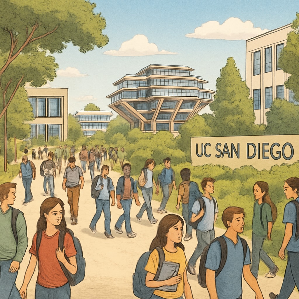 A bustling UC San Diego campus with students walking to class, representing the university's expansion and growing student population. UC San Diego campus with students representing admissions growth and higher education expansion.