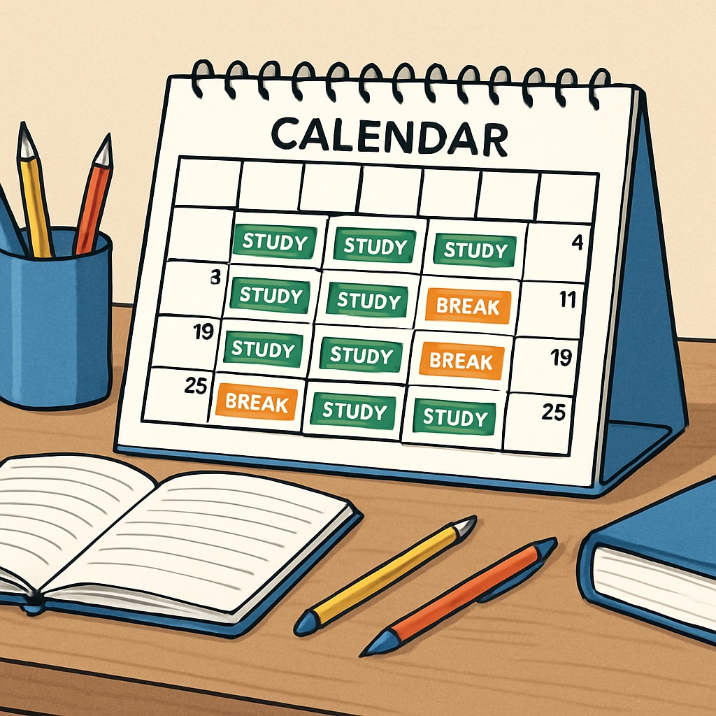A calendar displayed on a desk with color-coded study sessions and breaks clearly marked. Structured study plan for OAE preparation to manage time and stress.