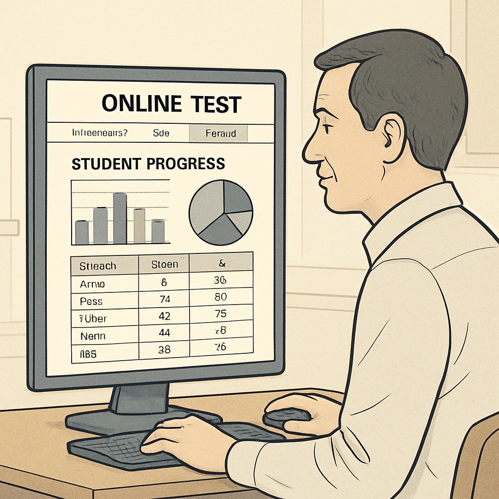 A screenshot of a teacher using an online test resource platform to assess students' progress. The platform interface shows student performance data. Teacher using K-12 test resource platform for assessment