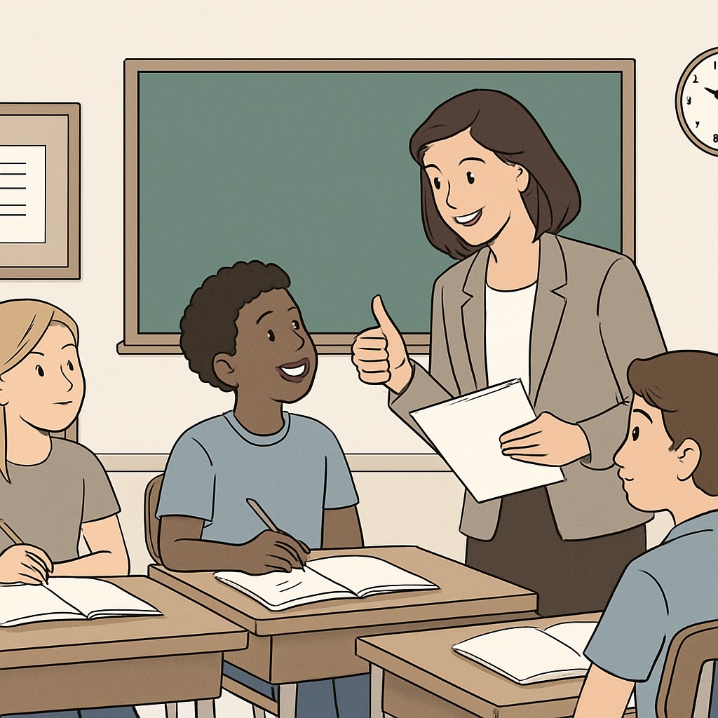 A classroom setting where a teacher is encouraging students while providing constructive feedback. Classroom scene illustrating education extremes and compassionate teaching methods.