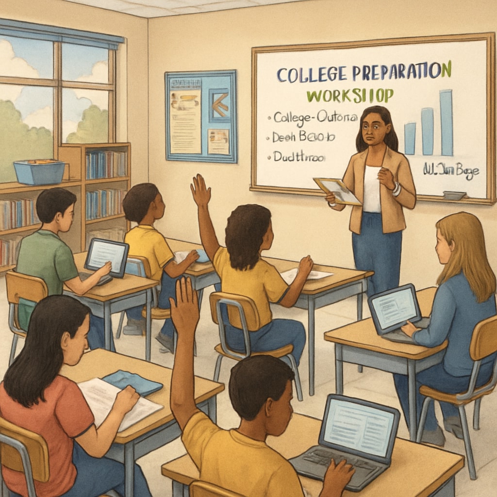 A K-12 classroom where students are engaged in a college preparation workshop, reflecting the ripple effect of UC San Diego’s expansion. K-12 students in a college preparation workshop, highlighting UC San Diego's impact on education.